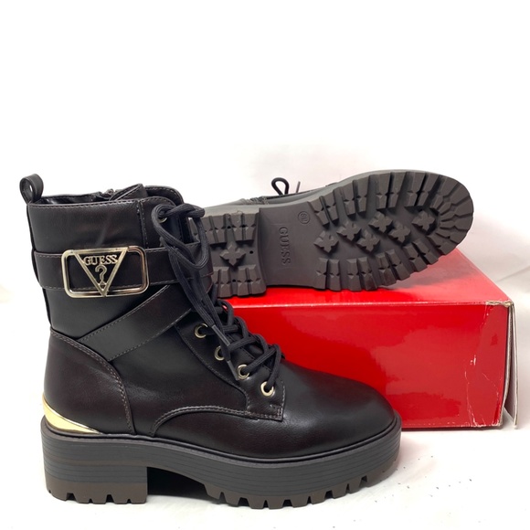 GUESS Flat Combat Booties Dark Brown Faux Leather Women's Size Heel GFFINLEES - Picture 2 of 8